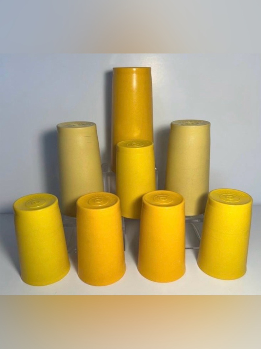 8 Vintage Yellow Plastic Tupperware Drinking Cups.